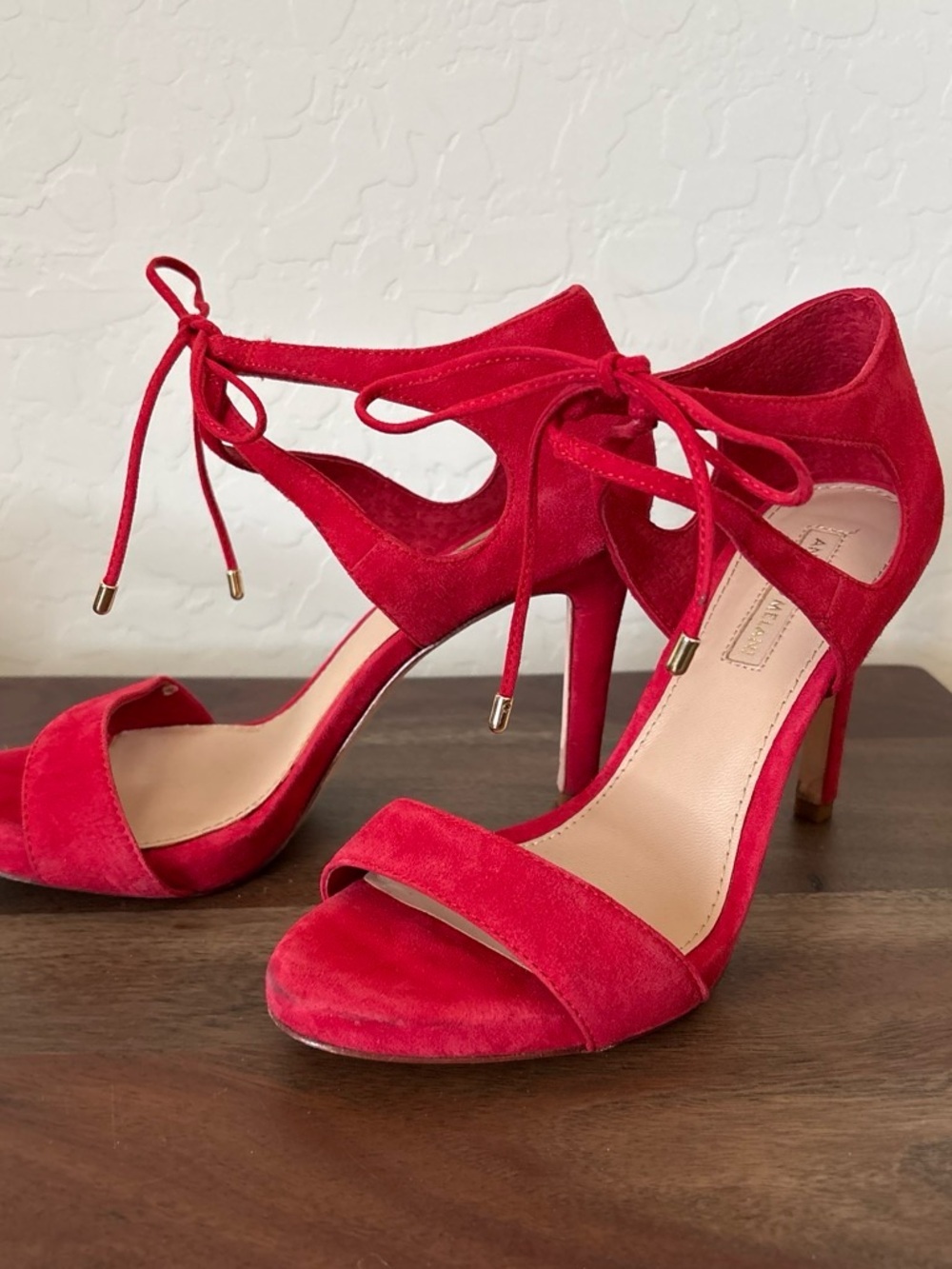 ANTONIO MELANI Red Suede Lace-Up Stiletto Sandals. 6